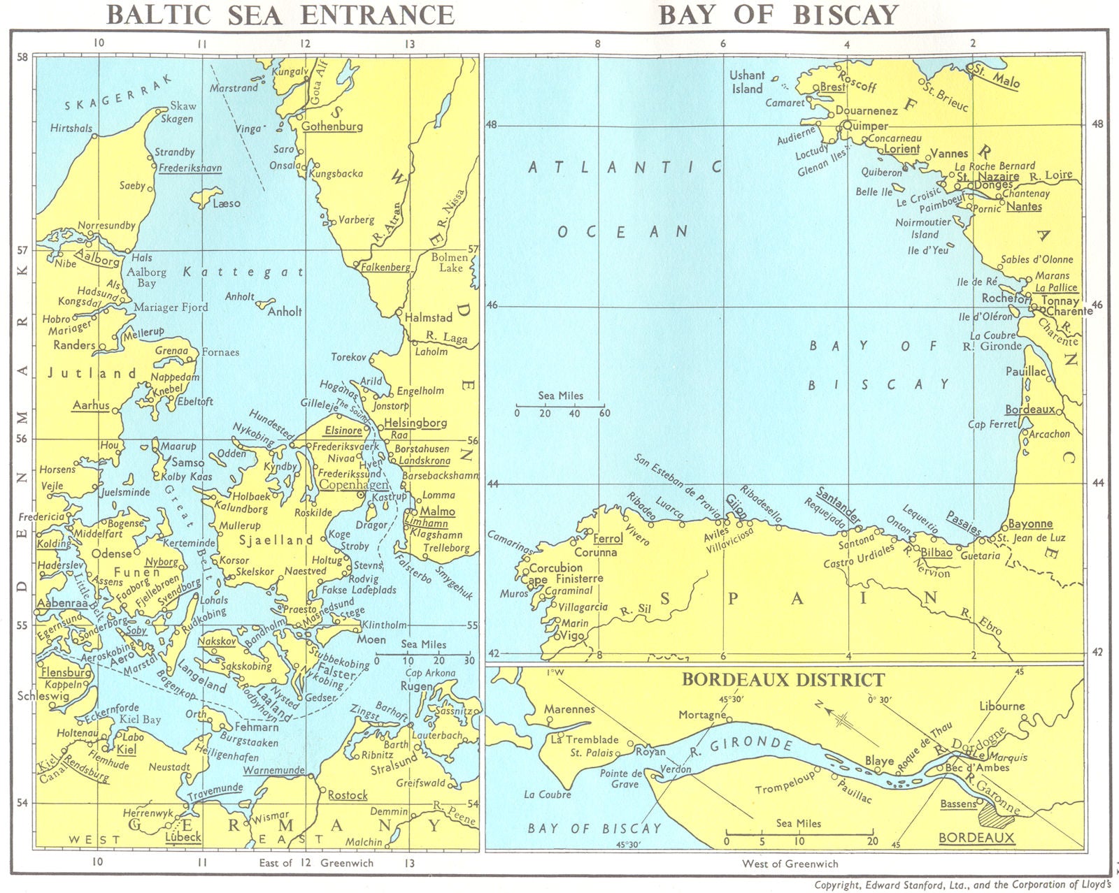 LLOYDS MARITIME MAP. Denmark Baltic Sea entry Bay Biscay Gironde Bordeaux 1971